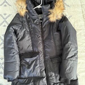 Kids Gray Winter Coat with Faux Fur Hood